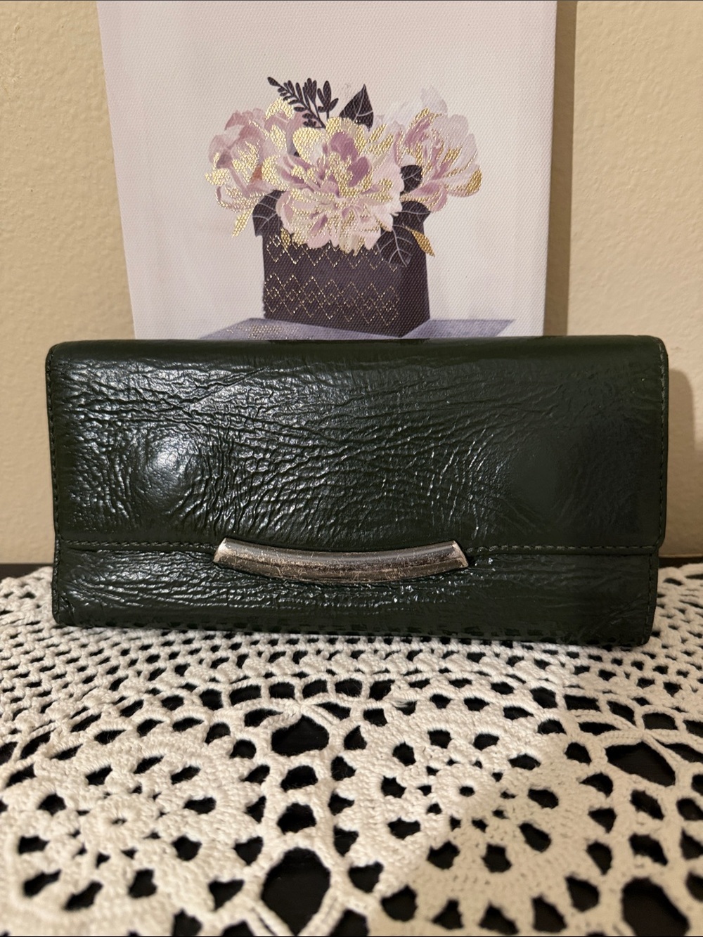 HOBO Dark Green Leather Clutch Wallet with Silver Trim
